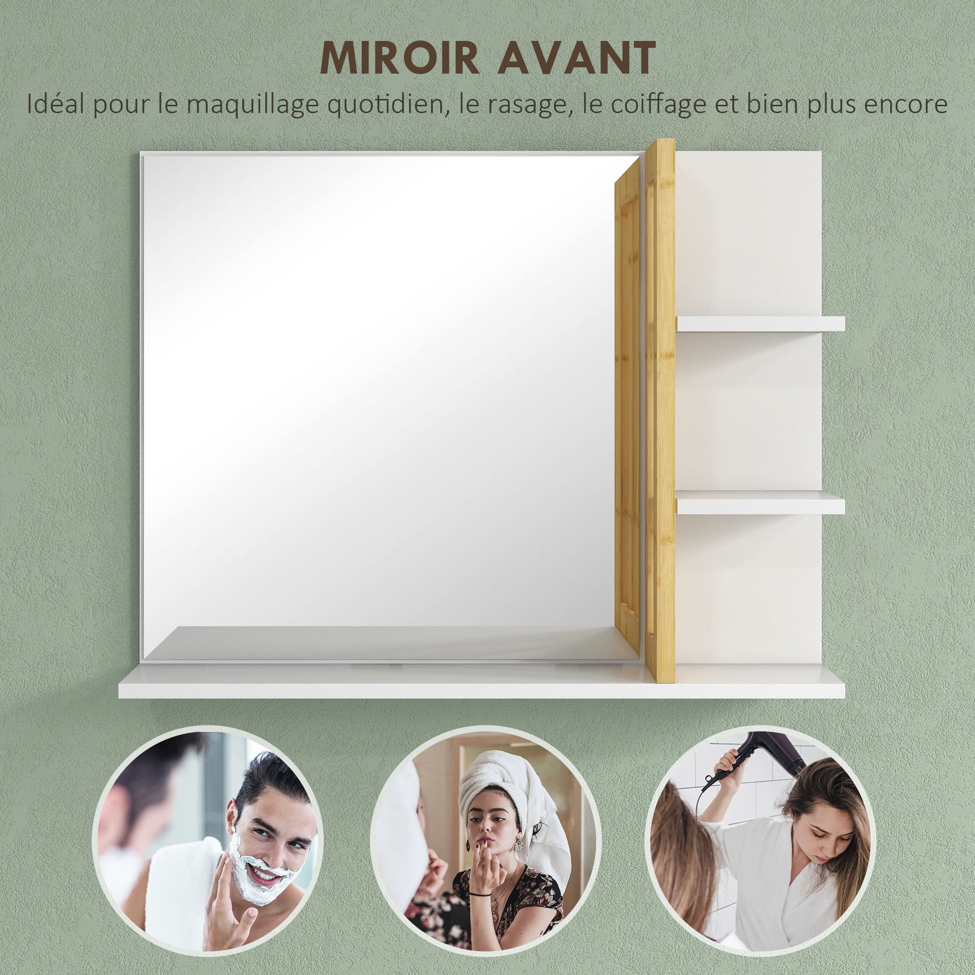Miroir mural salle de bain - étagères - bambou verni MDF blanc
