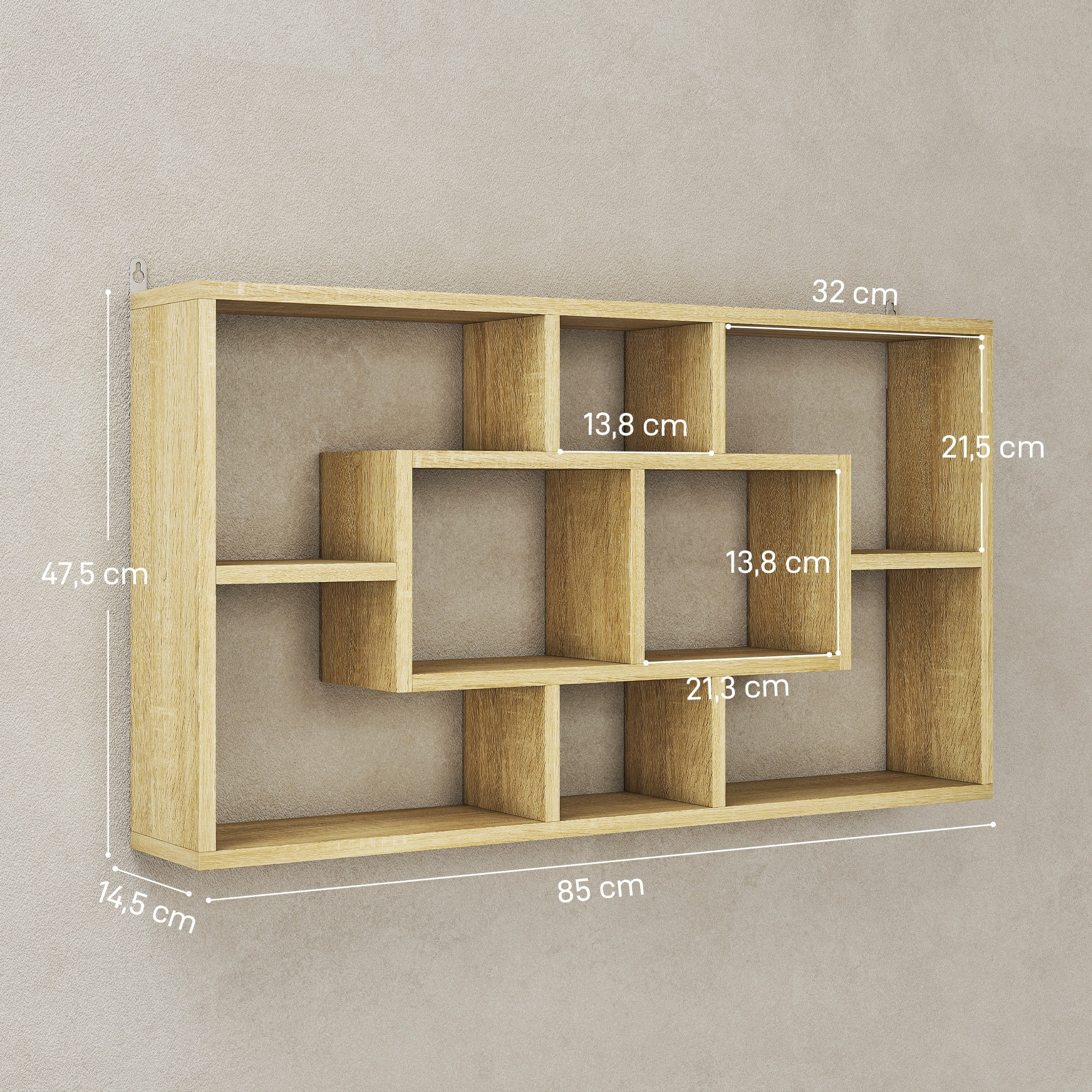 Estante de Pared Decorativo, Estantería para Libro, CDs, Baldas Flotantes con 8 Cubos, 85x14,5x47,5 cm, Carga 20kg, para Oficina, Estudio, Salón, Roble