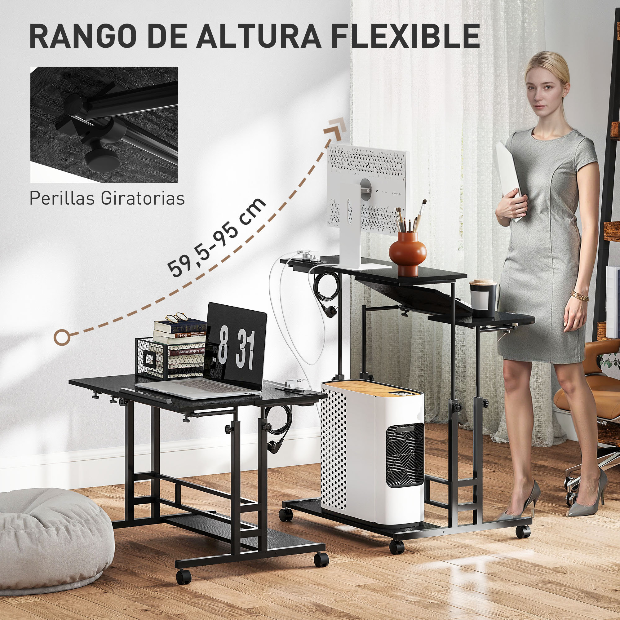 Escritorio Elevable con Ruedas, Enchufes, Puertos USB, Altura Ajustable, 80x60 cm, Escritorio de Pie con Panel Central Inclinado y Estante Inferior de Almacenamiento, para Oficina, Hogar, Negro