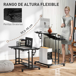 Escritorio Elevable con Ruedas, Enchufes, Puertos USB, Altura Ajustable, 80x60 cm, Escritorio de Pie con Panel Central Inclinado y Estante Inferior de Almacenamiento, para Oficina, Hogar, Negro