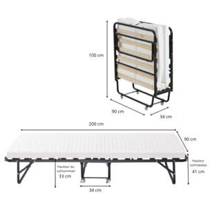 Lit d’appoint pliant à roulettes avec matelas
