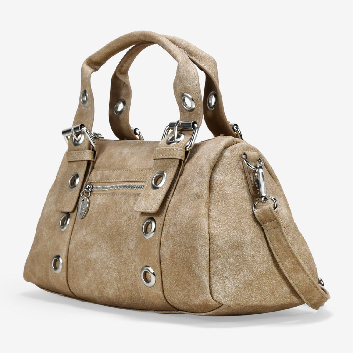 Bolso de mano arena con hebillas y tachuelas redondas
