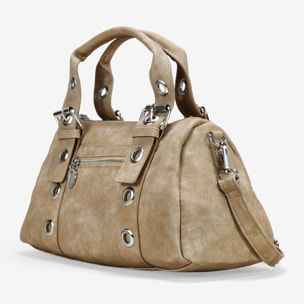Bolso de mano arena con hebillas y tachuelas redondas