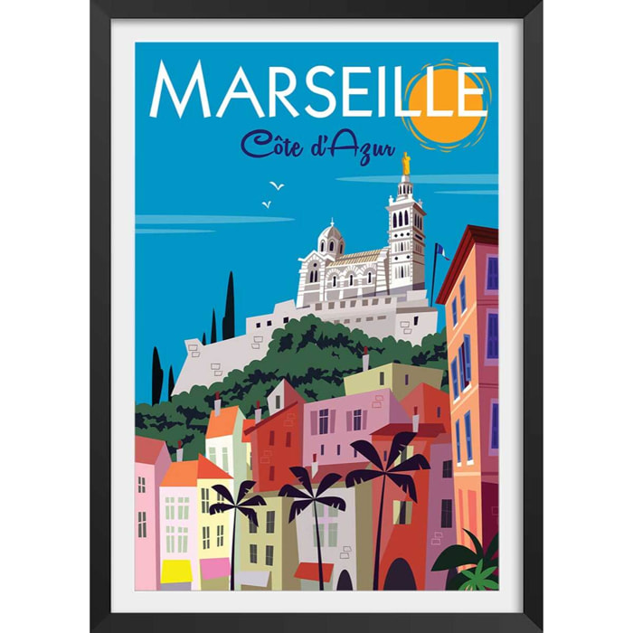 Affiche vintage Marseille Affiche + cadre en bois - Noir