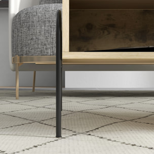 Table basse rectangulaire style industriel niche tiroir coulissant métal noir panneaux particules aspect vieux bois veinage