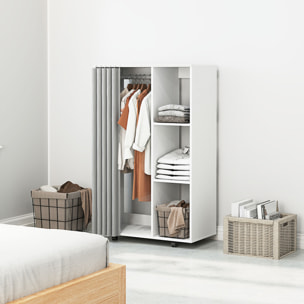 HOMCOM Armario Ropero con Ruedas, Armario para Ropa con Cortina, Barra para Colgar, 3 Estantes Abiertos, para Dormitorio, 80x40x128 cm, Blanco