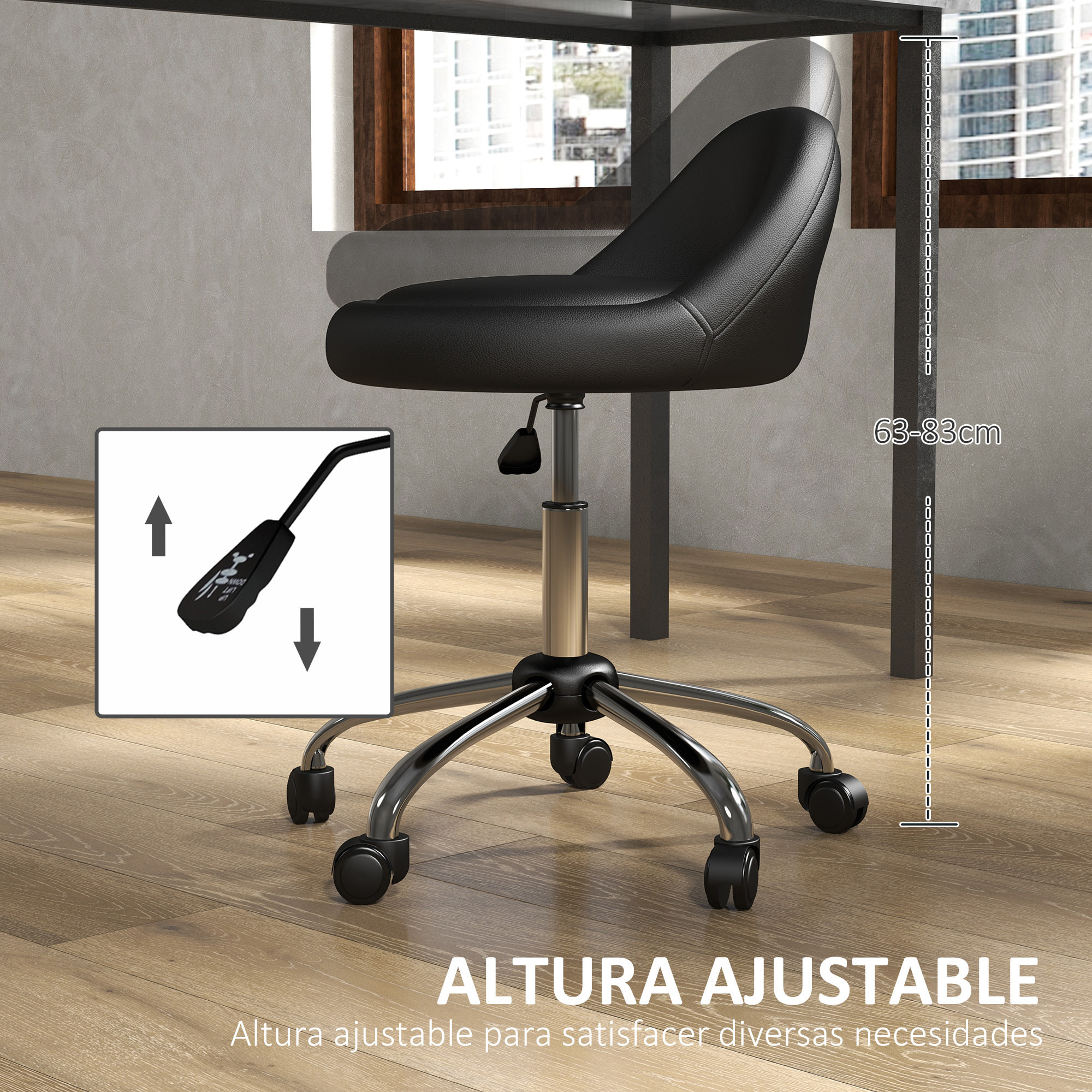 Taburete con Ruedas, Taburete Giratorio Cosmético con Altura Ajustable, Cuero Sintético, Asiento Acolchado y Amplio, para Dentista y Peluquería, Carga 120 kg, Ø50x63-83 cm, Negro