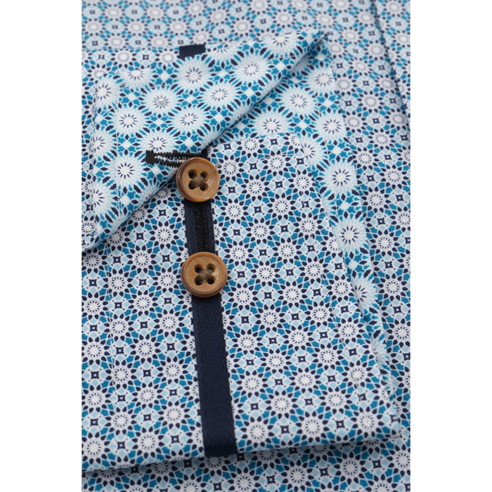 Camicia Uomo 1 Bottoni Button Down Slim Popeline Stampato Verde Ottanio/Bianco