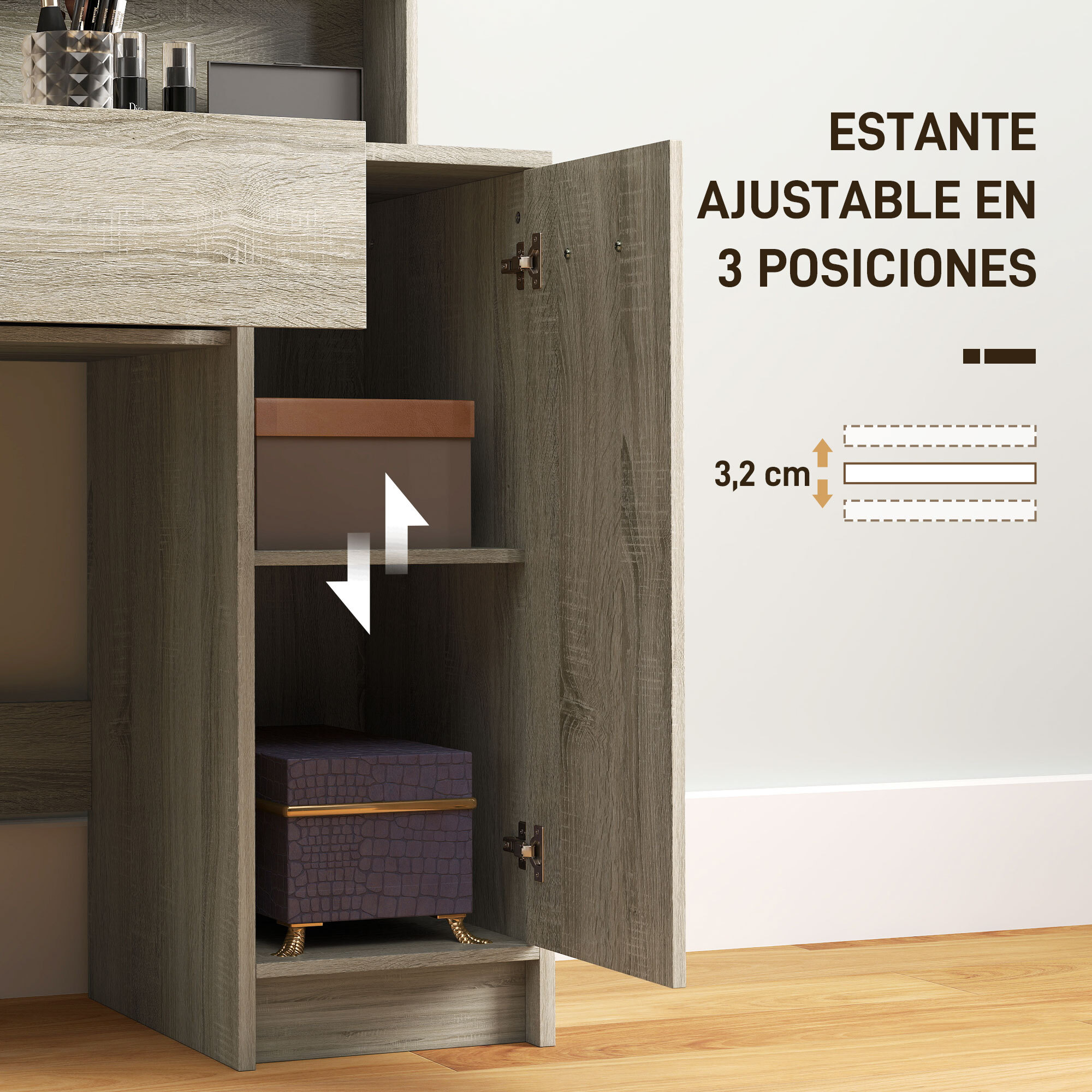 Tocador de Maquillaje con Taburete, Tocador con Espejo, Estantes Abiertos, Cajón y Estante Ajustable, Anti-vuelco, para Dormitorio, Salón y Vestidor, Natural