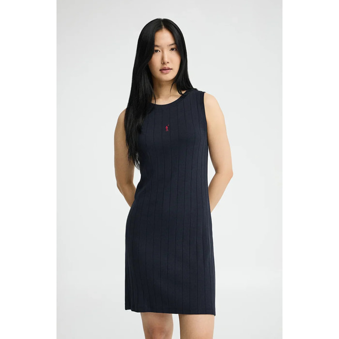 Vestido corto azul marino de canalé con logo Rigby Go