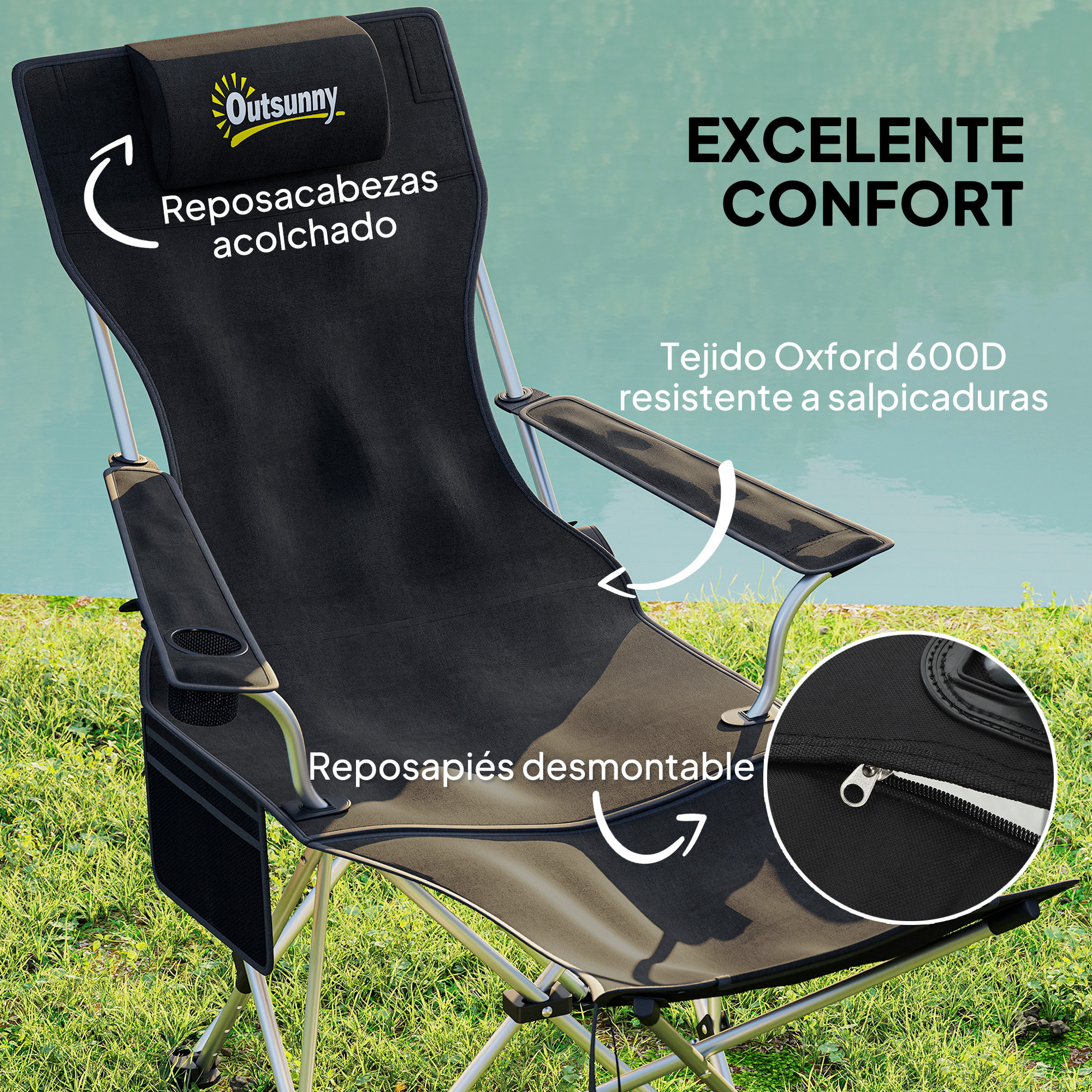 Conjunto de 2 Sillas Plegables Camping Tumbonas Camping Portátiles con Reposapiés Desmontable Reposacabezas Portavasos y Bolsa Lateral Carga 120 kg para Jardín Playa Pesca Negro