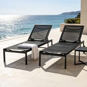 Lot de 2 bains de soleil inclinables noir avec roues en aluminium CARA