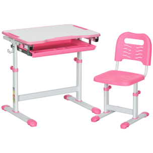 HOMCOM Banco Scuola per Bambini 6-12 Anni con Sedia e Altezza Regolabile, Piano Inclinabile, 66x47x52-77 cm, Rosa