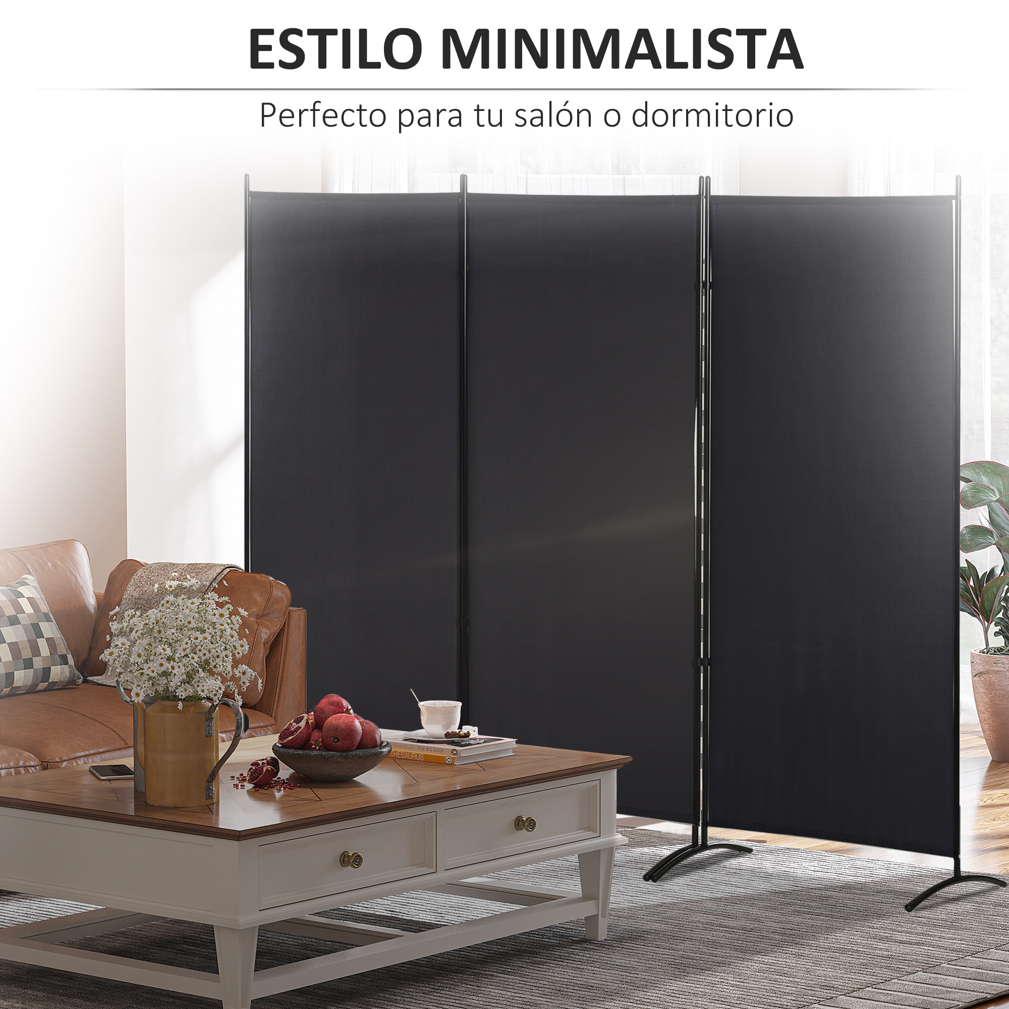 Biombo de 3 Paneles, Biombo Separador de Ambientes Plegable con 6 Pies de Metal, Divisor de Habitaciones, Salón, Dormitorio, 253x182 cm, Negro