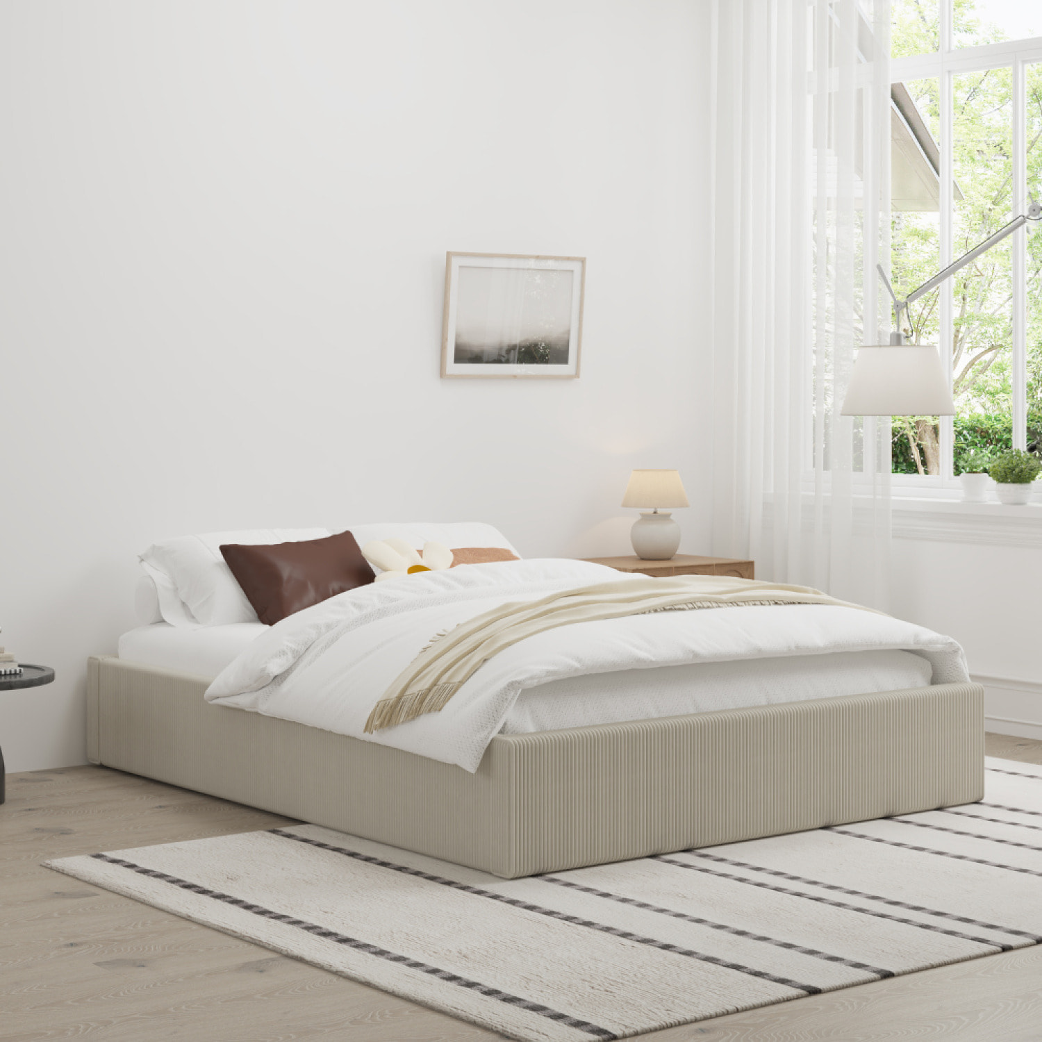 ABATE Lit avec coffre de rangement 140x190cm velours côtelé beige