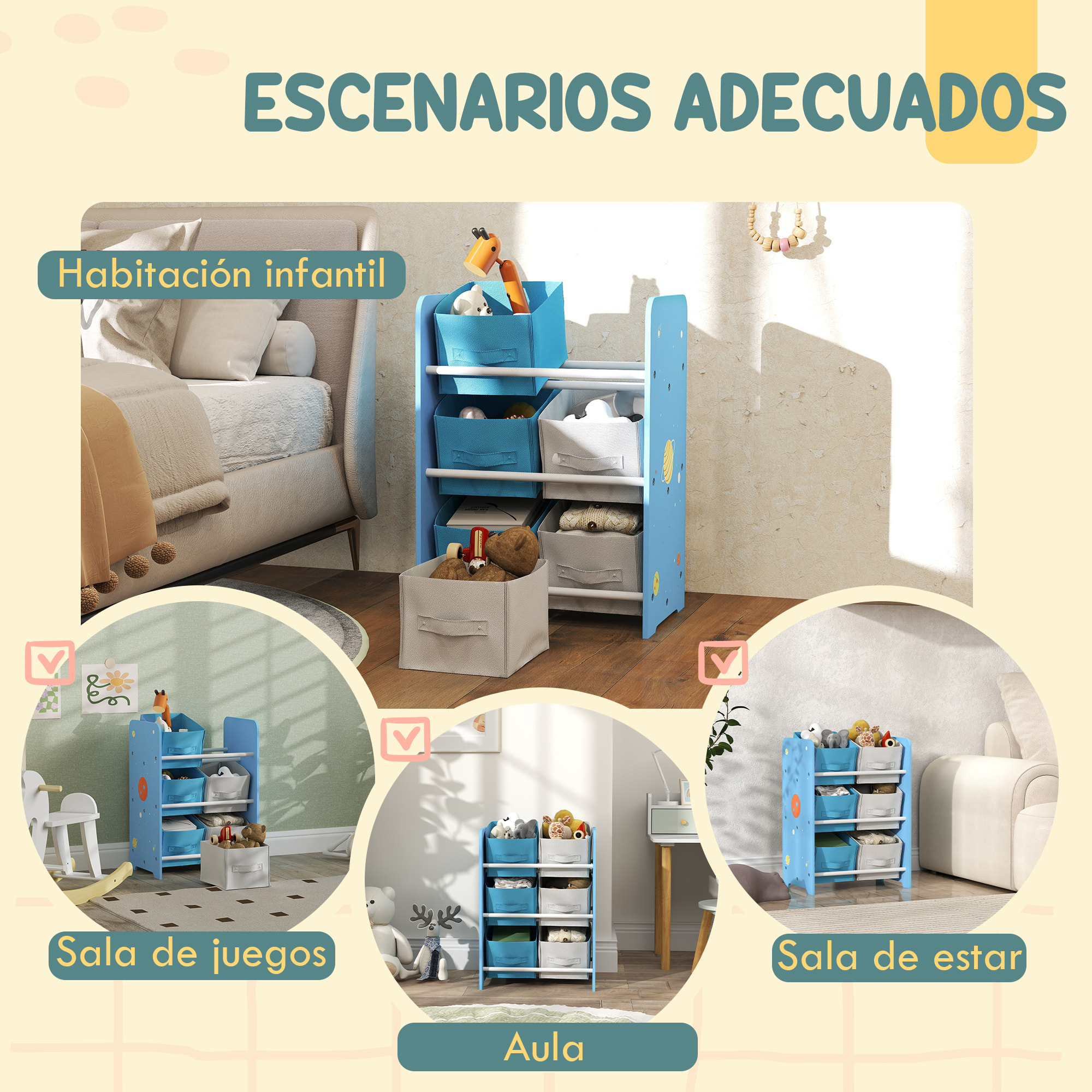 Estantería Infantil para Niños de +3 Años Estantería para Juguetes con 6 Cajas de Tela no Tejida Extraíbles Organizador de Juguetes para Dormitorio Guardería 43x30x60 cm Azul