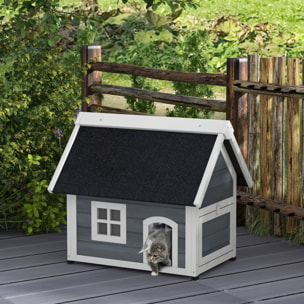 Niche maison pour chat - porte à lamelles, fenêtre plexiglas, toit bitumé ouvrant, 3 portes - bois gris