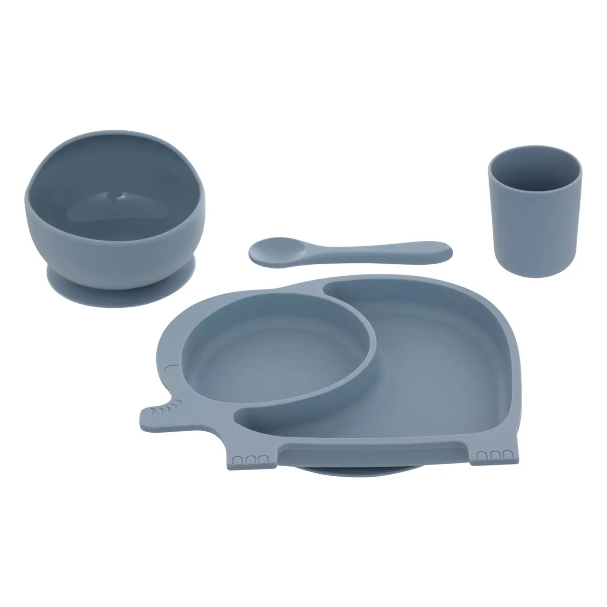 Set repas 4 pièces éléphant Yum silicone bleu gris