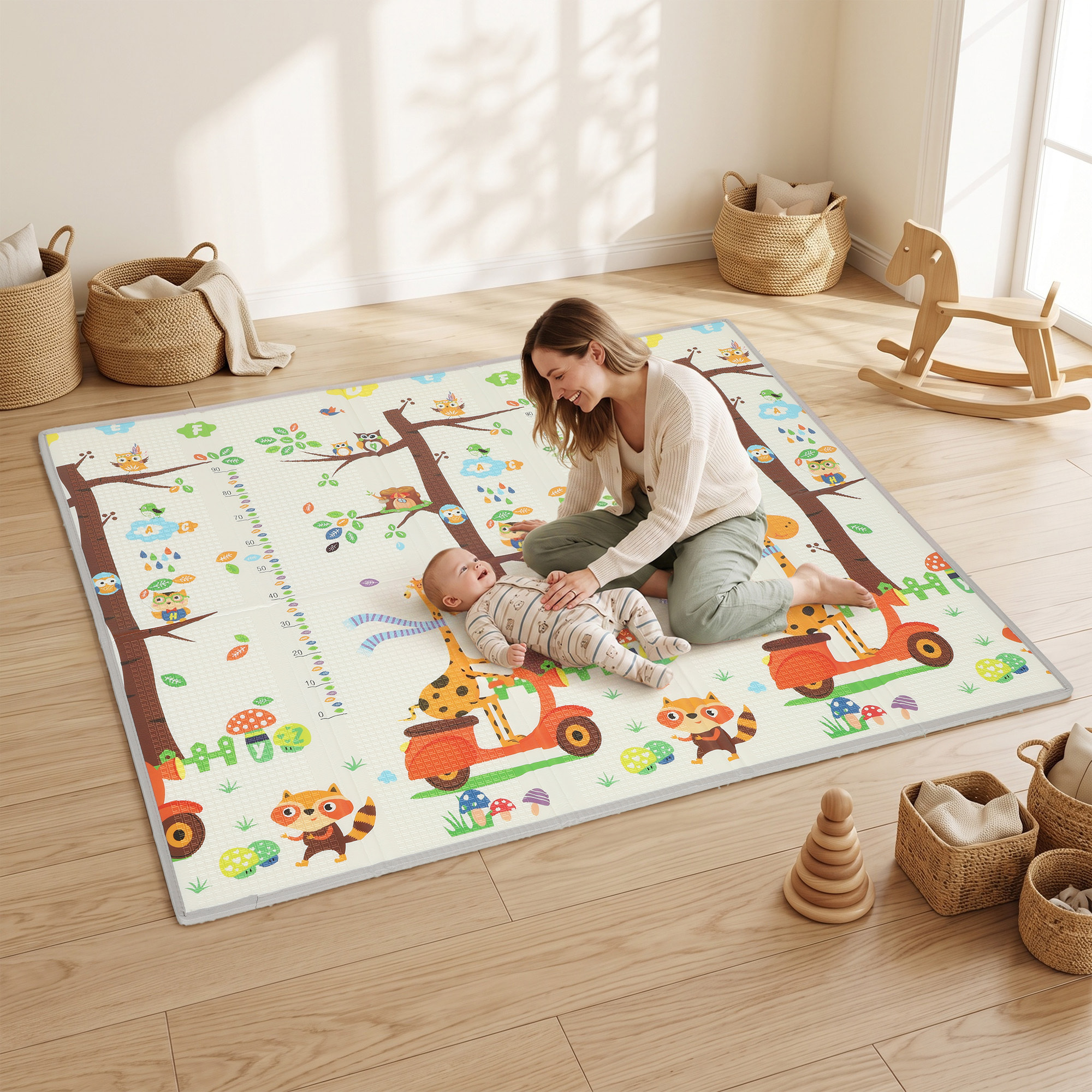 Alfombra Juego Bebé, Plegable y Reversible, 200x180 cm, Alfombra Educativa Antideslizante e Impermeable, Diseño Árbol y Bosque, para Gateo, Jugar y Aprendizaje, para Salón y Dormitorio