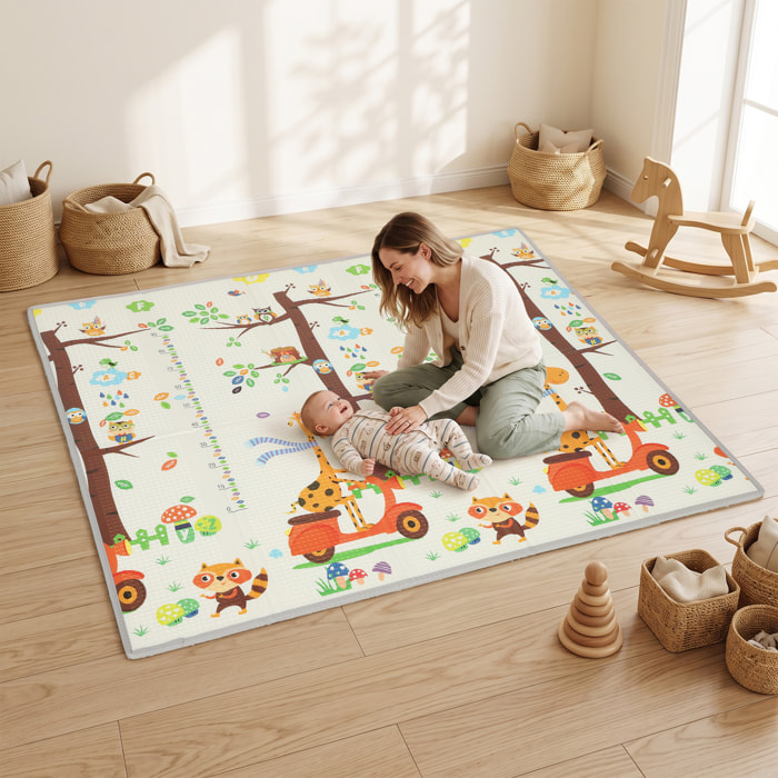 Alfombra Juego Bebé, Plegable y Reversible, 200x180 cm, Alfombra Educativa Antideslizante e Impermeable, Diseño Árbol y Bosque, para Gateo, Jugar y Aprendizaje, para Salón y Dormitorio