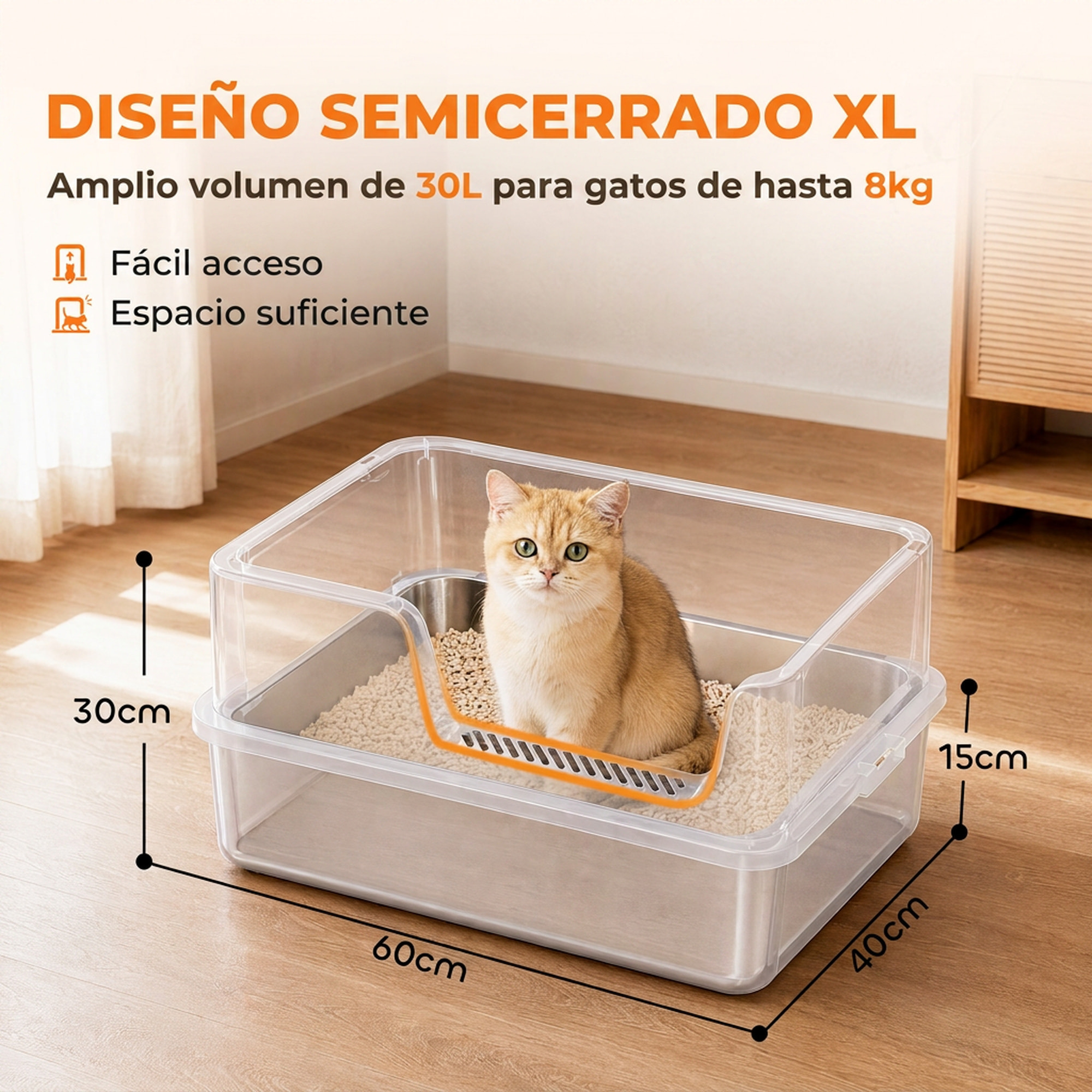 Arenero para Gatos de Acero Inoxidable XL, Caja de Arena para Gatos, Arenero con Borde Alto, Pala, Cepillo, Gancho, Fácil de Limpiar, Antifugas, Gris Claro