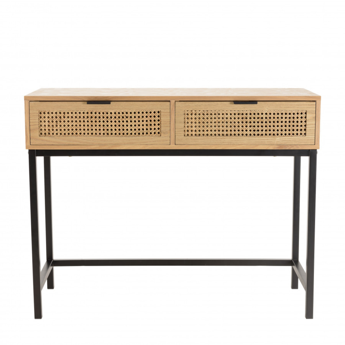 MARCEAU - Console 2 tiroirs cannage naturel pieds métal noir