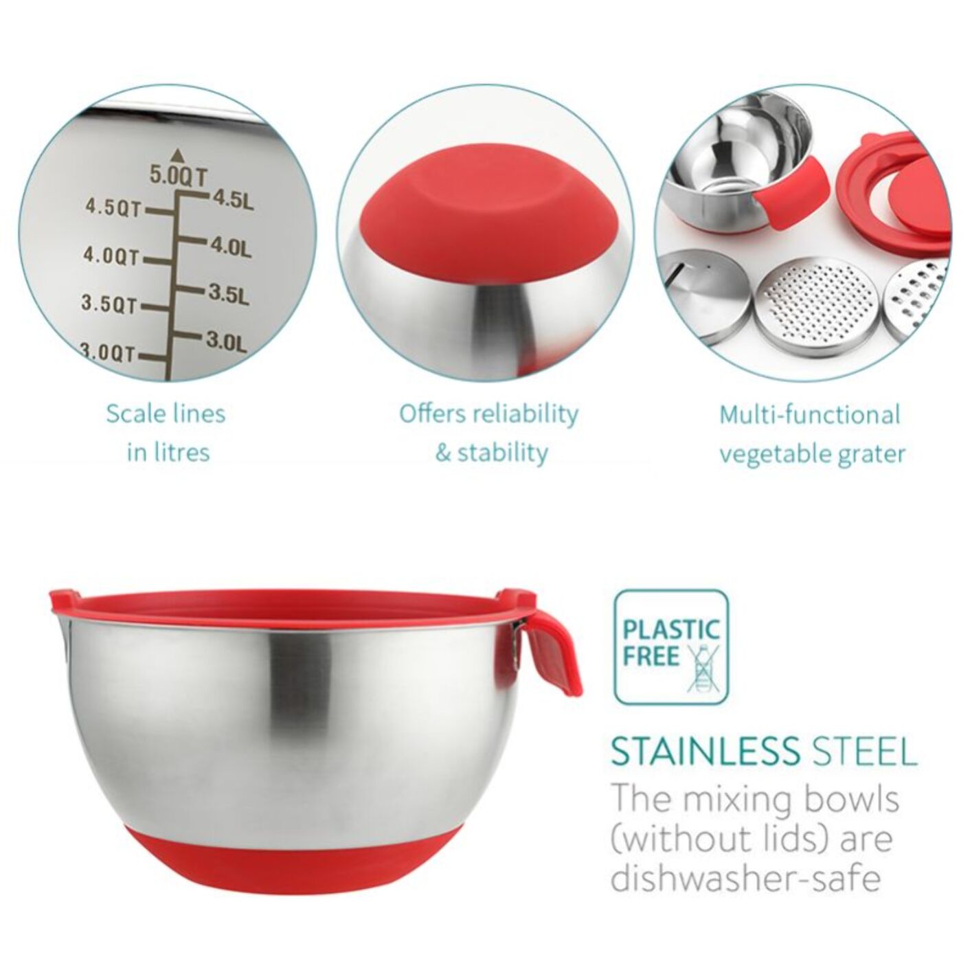 Ensemble de 3 bols avec couvercle et râpe Herzberg HG04036