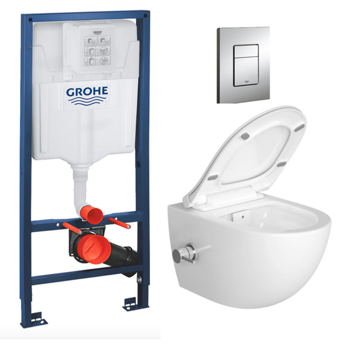 Pack WC Bâti-support Rapid SL + WC sans bride avec fonction bidet thermostatique + Plaque chrome