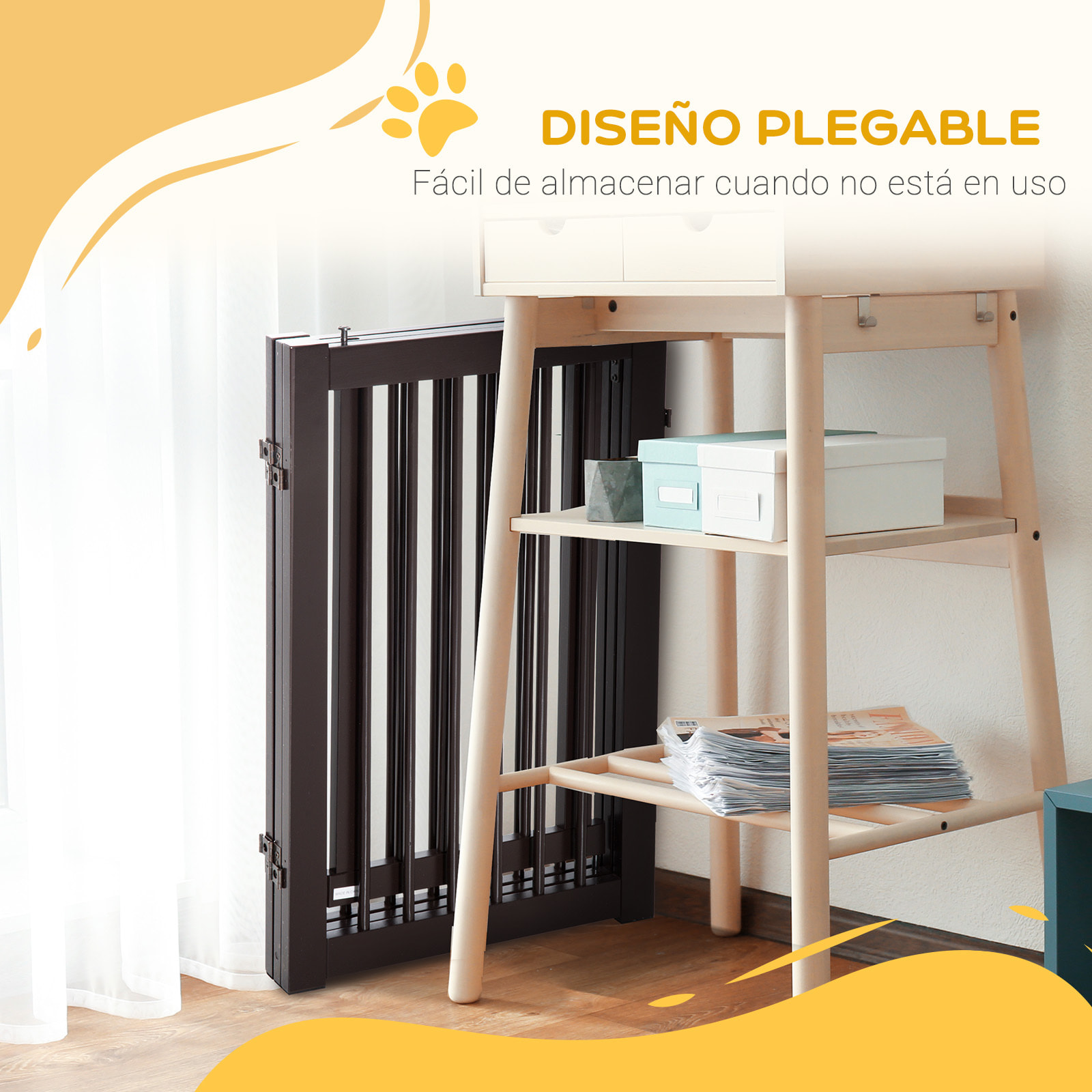 Barrera para Perros de Madera Valla para Mascotas Plegable de 3 Paneles con 1 Puerta y Patas de Apoyo para Pasillo Escalera 155x35,5x76 cm Café