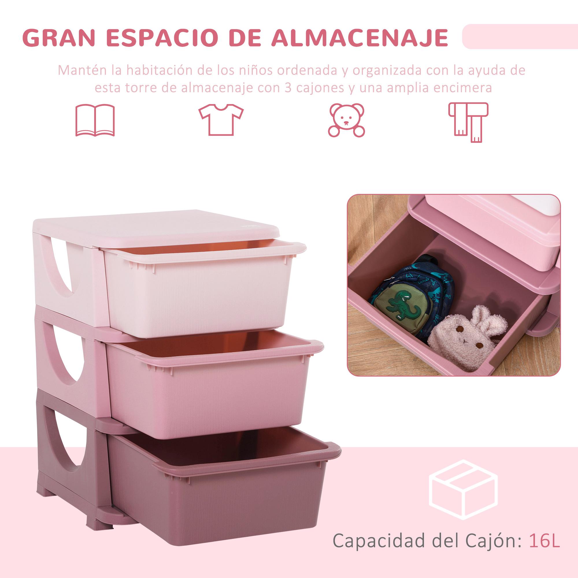 Torre de Almacenamiento Infantil con 3 Cajones para +3 Años Almacenaje Rosa