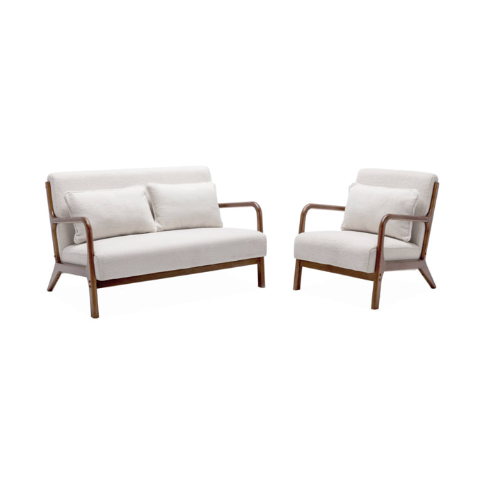 Banquette 2 places + Fauteuil bouclette en bois d'hévéa teinté noyer clair