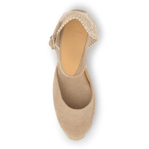 Alpargata con cuña 3 cm en lona de algodón con talonera trenzada y pulsera con hebilla