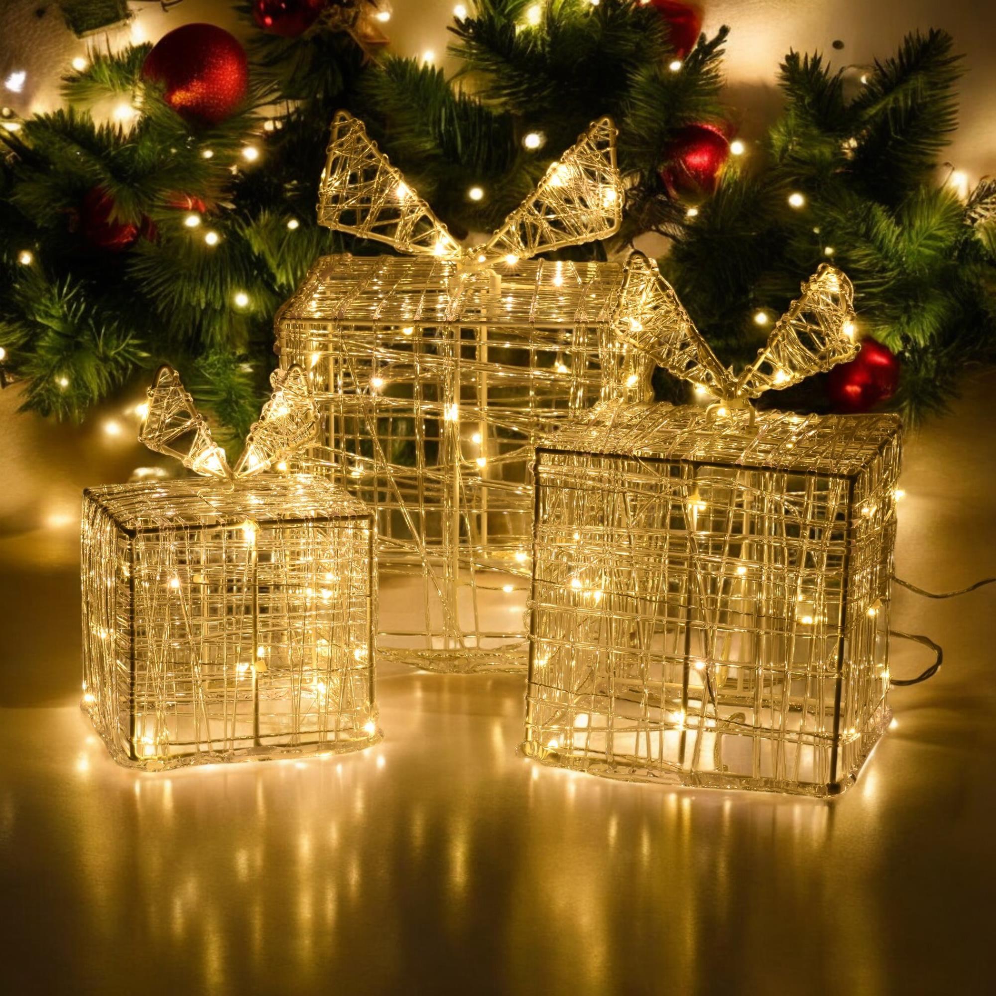 juego de 3 cajas de regalo luminosas con 90 micro leds blancas cálidas