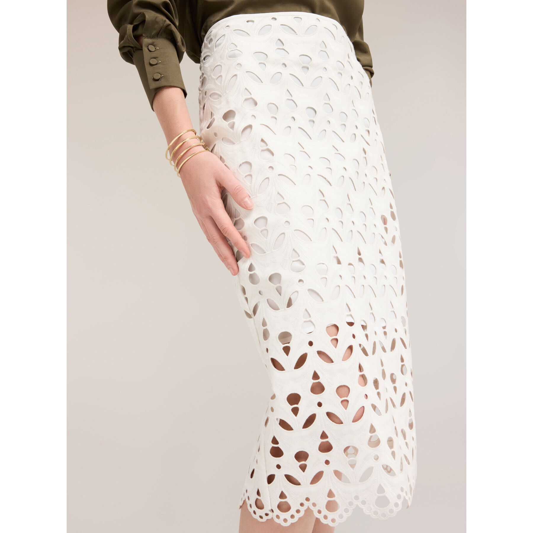 Motivi - Falda tubo en tejido coated efecto sangallo - Blanco