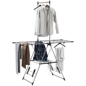 Tendedero Vertical Plegable, Tendedero de Ropa con Alas Ajustables en 5 Niveles, 4 Soportes para Calzado, Barra y Estante, Marco de Acero Inoxidable, para Interior y Exterior, Plata