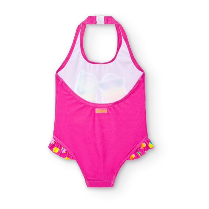 Bañador, volantes niña estampado, fresa fucsia