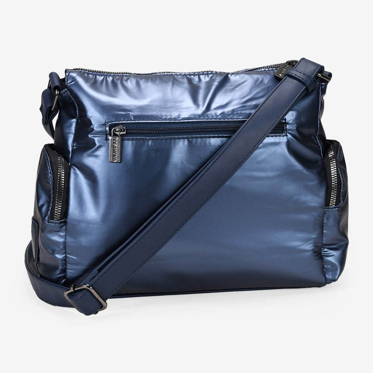 Bolso bandolera acolchada azul metalizado con bolsillos