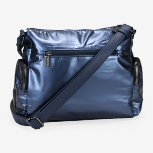 Bolso bandolera acolchada azul metalizado con bolsillos
