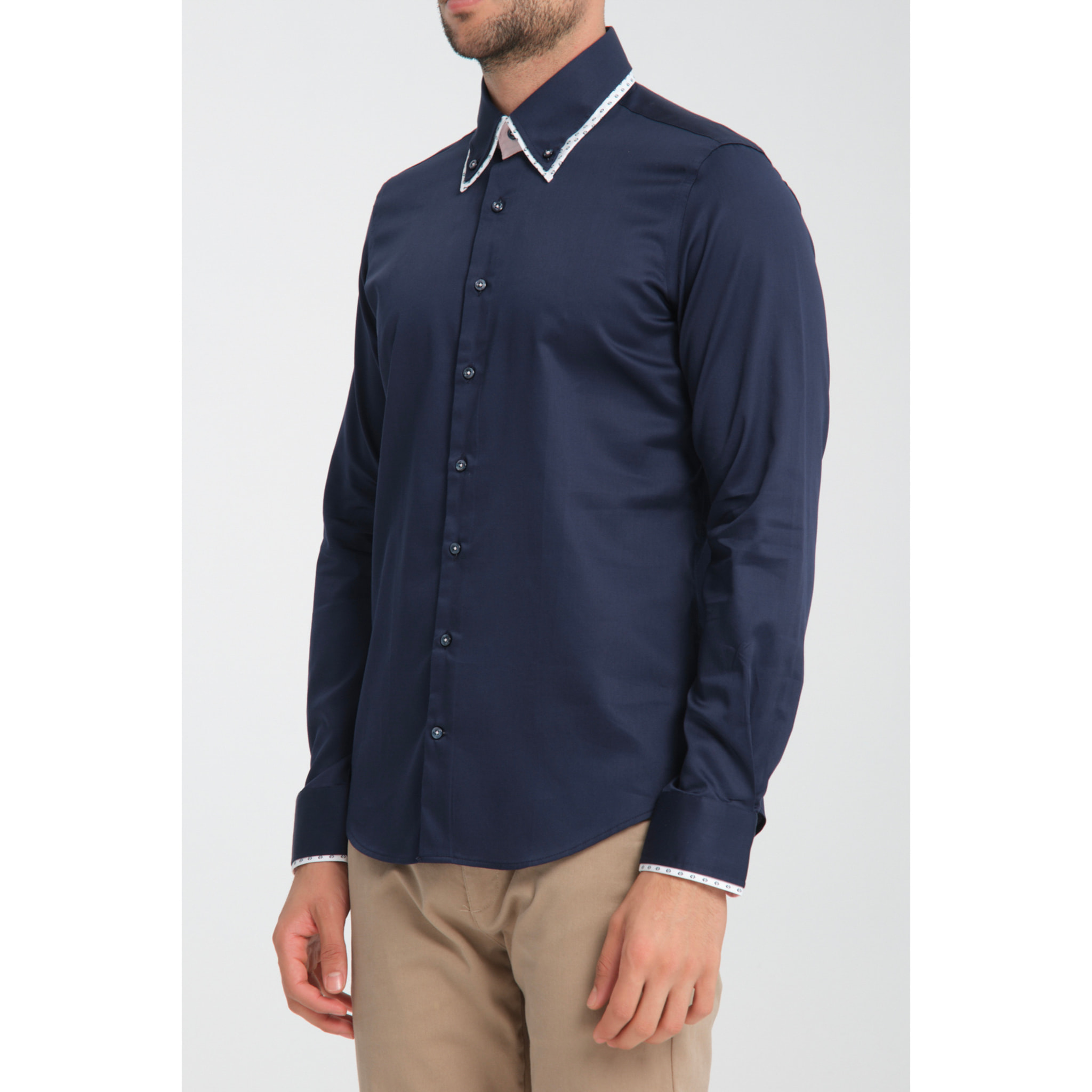 Camicia Uomo Botton Down Slim Satin Unito Blu