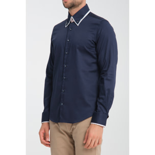 Camicia Uomo Botton Down Slim Satin Unito Blu