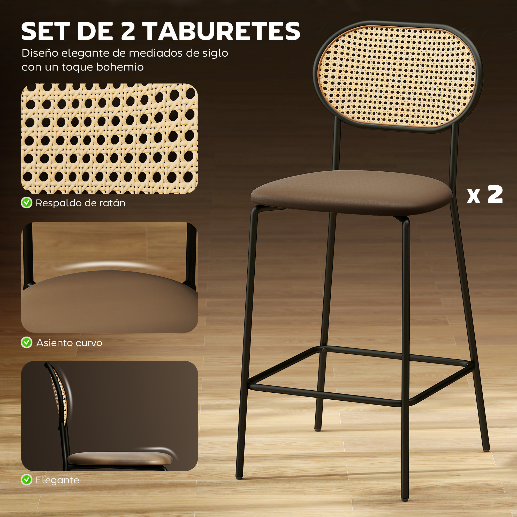 Juego de 2 Taburetes de Bar Taburetes Altos de Cocina con Respaldo de Ratán Asiento de PU Marco de Acero y Reposapiés para Comedor Mostrador 45x50x97 cm Marrón