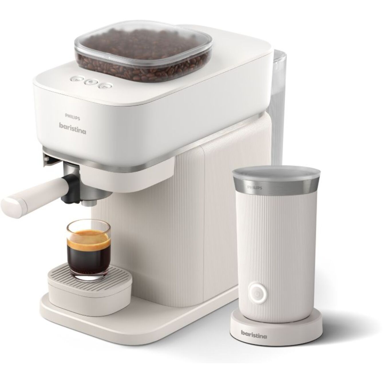Machine à expresso PHILIPS Baristina BAR303/00 cafetière à grain Blanche + mousseur à Lait