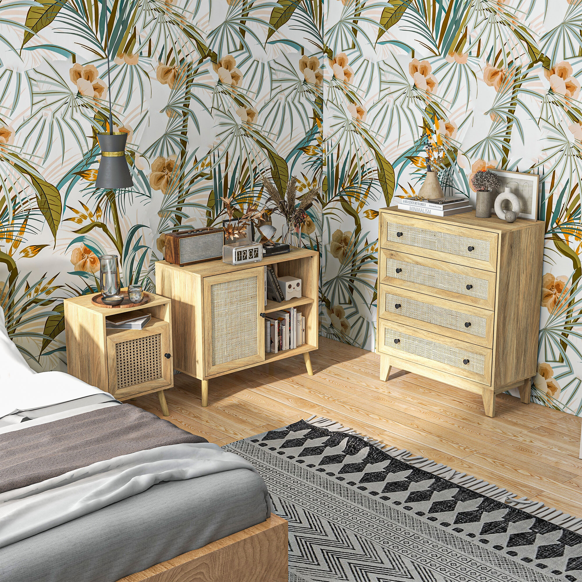 Conjunto para el Hogar Incluye 1 Cómoda con 4 Cajones 1 Aparador y 2 Mesitas de Noche con Puerta de Ratán Sintético Estilo Cannage Natural