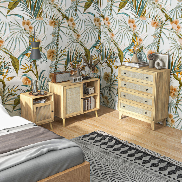 Conjunto para el Hogar Incluye 1 Cómoda con 4 Cajones 1 Aparador y 2 Mesitas de Noche con Puerta de Ratán Sintético Estilo Cannage Natural