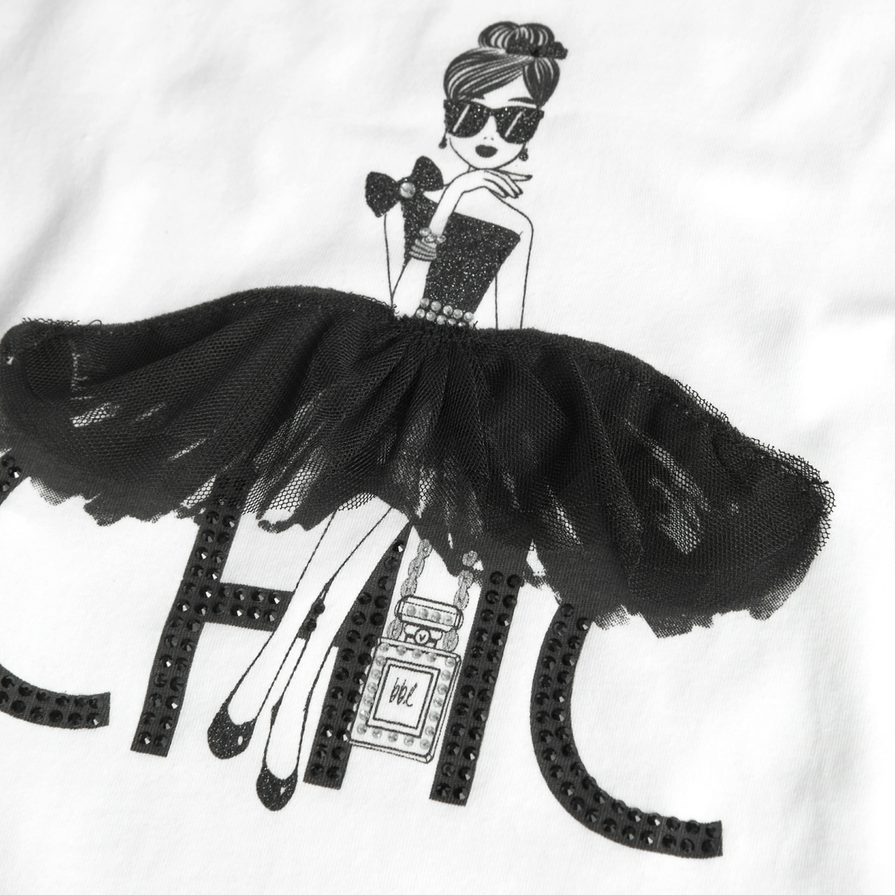 Camiseta elástica niña estampada, mangas cortas, blanco