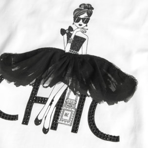 Camiseta elástica niña estampada, mangas cortas, blanco