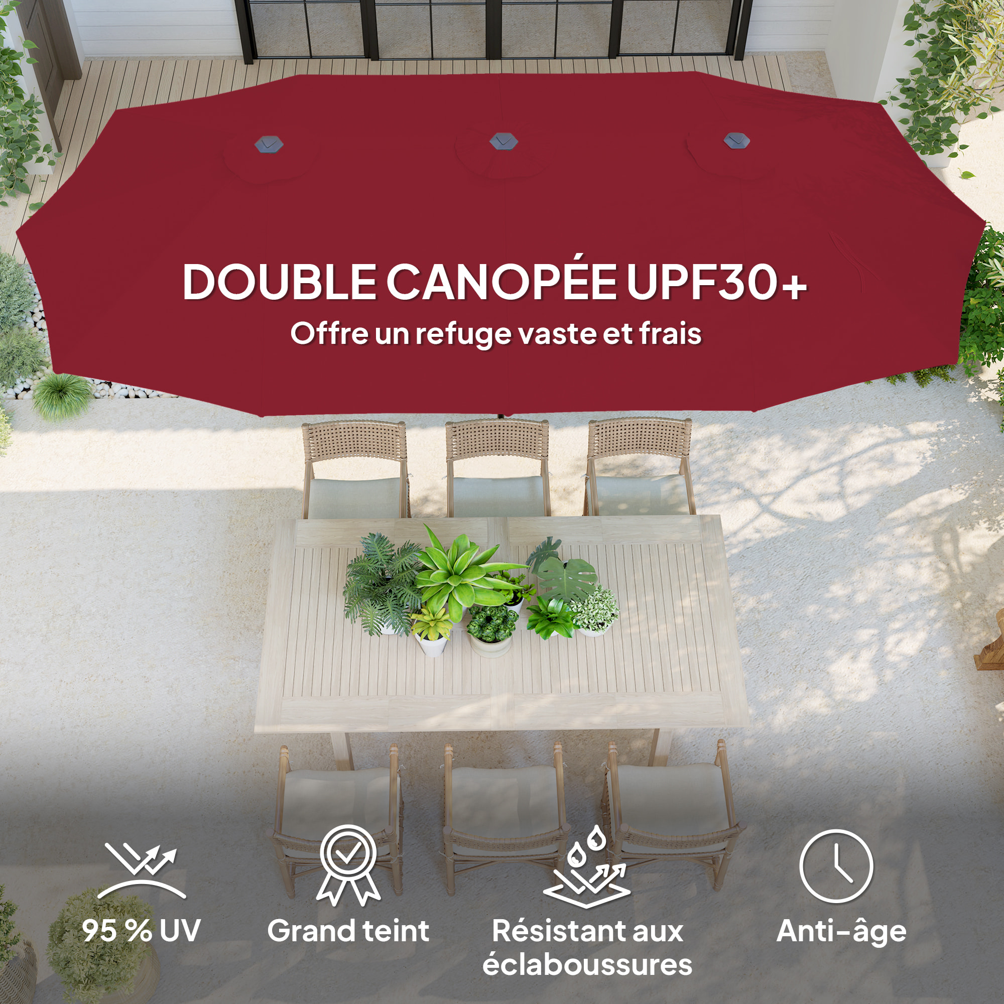 Parasol de jardin grande taille 4 x 2,2 x 2,3 m manivelle métal époxy tissu haute densité 180 g/m² bordeaux