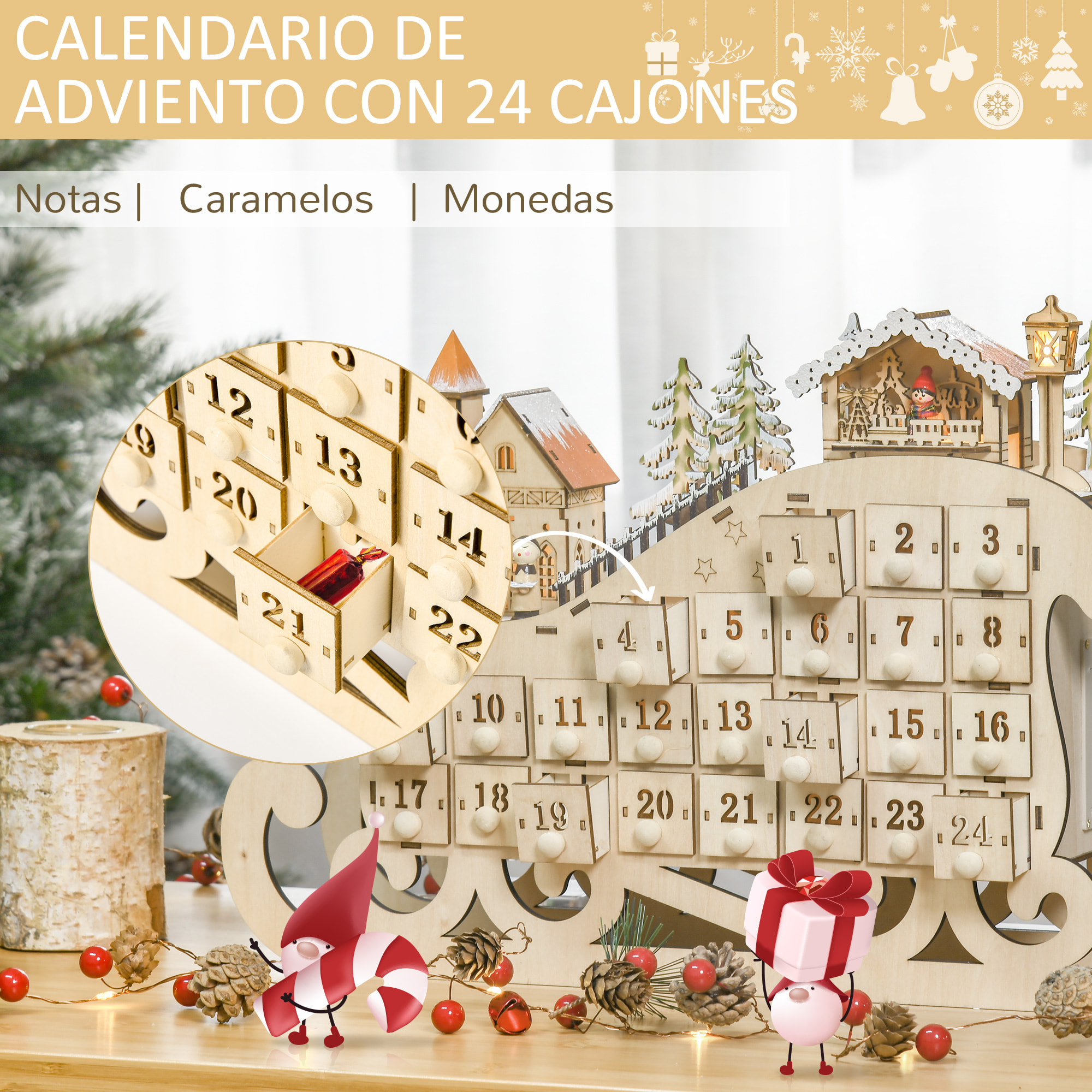 Calendario de Adviento de Navidad Madera con 24 Cajones y Luces LED Decoración Navideña Modelo Trineo 45x10x31 cm Madera Natural