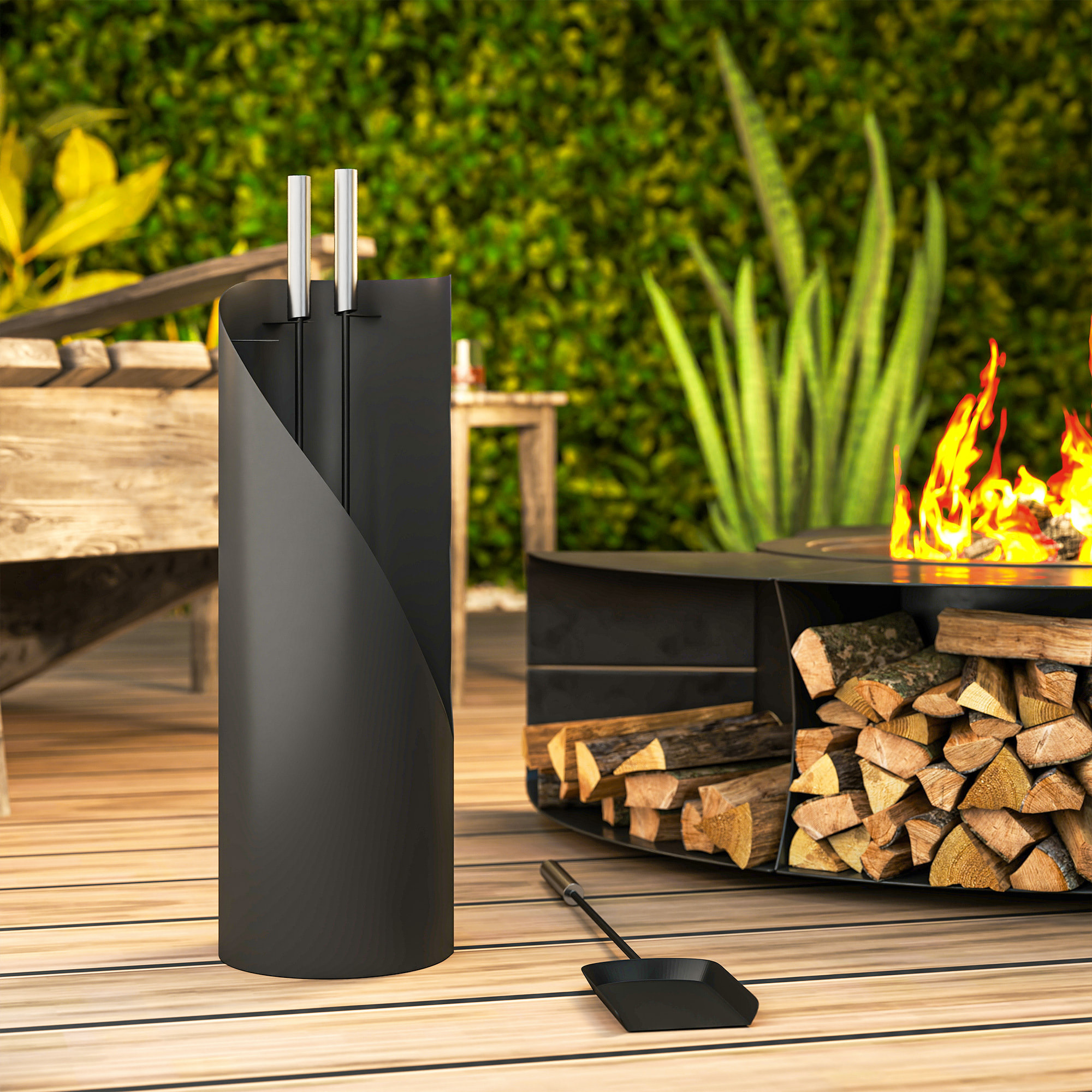 Juego Utensilios Chimenea de 4 Piezas, Juego de Accesorios para Chimenea de Metal con Escoba, Pala, Atizador y Cubo, 20x20x65 cm, Negro y Plateado