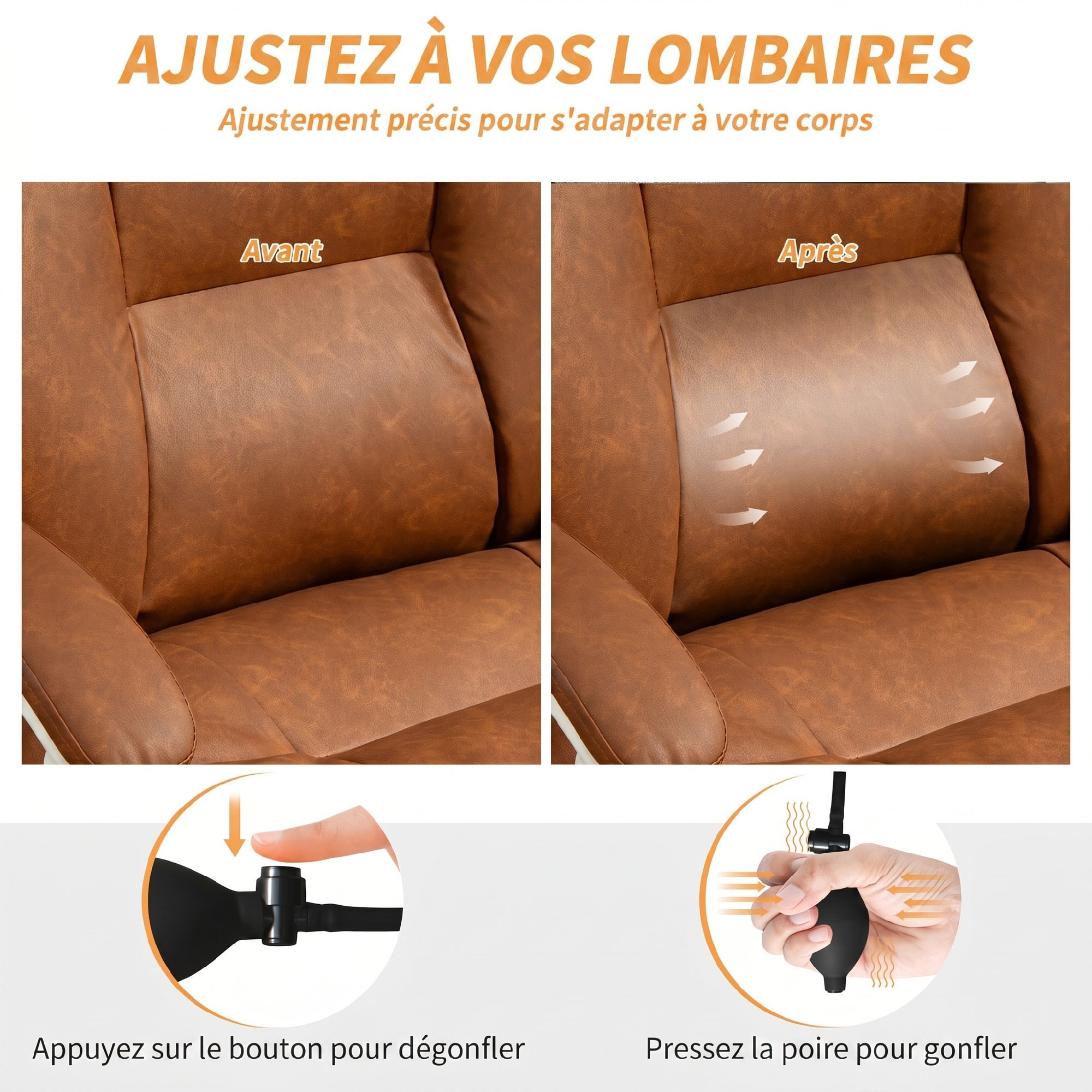 Fauteuil bureau manager inclinable repose-pieds rétractable camel vieilli